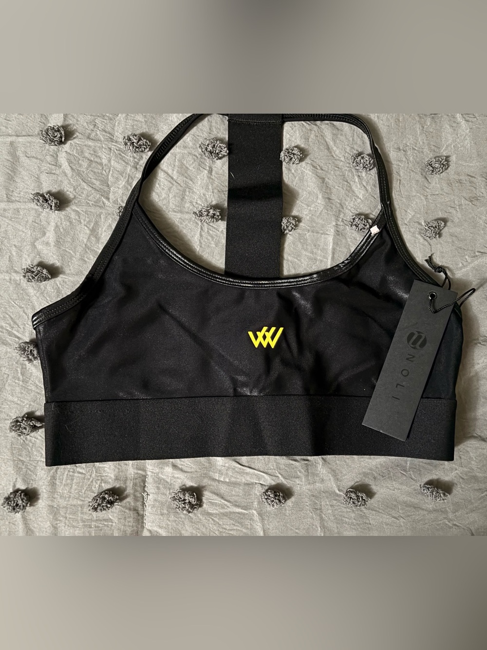 Noli Black Racerback Sports Bra with Yellow Logo